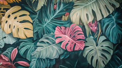 Lush Tropical Leaves Painting: A Vibrant Display of Monstera and Exotic Foliage