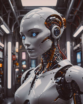3d rendering humanoid robot working in the spaceship, artificial intelligence concept