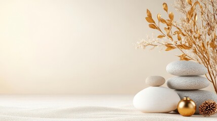Balanced stones, gold accents, serene sand; a minimalist winter scene.