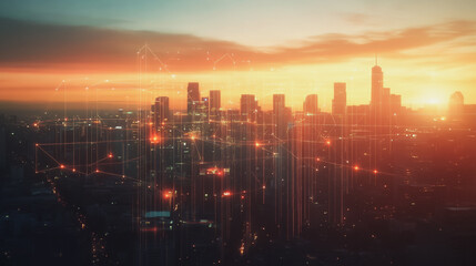 Fototapeta premium Smart Innovation city with connection cyber security network reciprocity over the sunset cityscape future wireless digital city and social media networking systems that connects people in the city