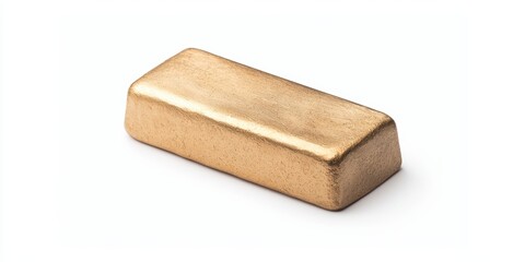 A shiny gold bar rests on a white background, showcasing its smooth surface and rectangular shape, symbolizing wealth and luxury.