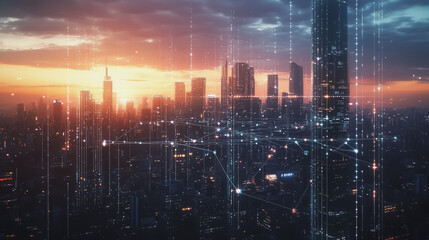 Fototapeta premium Smart Innovation city with connection cyber security network reciprocity over the sunset cityscape future wireless digital city and social media networking systems that connects people in the city