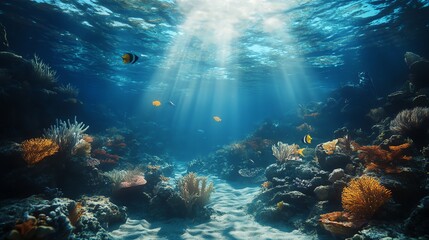 Obraz premium Vibrant underwater scene with colorful corals and fish.