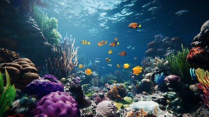 Naklejka premium Vibrant underwater scene with colorful fish and coral formations.