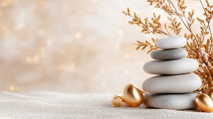 Serene stones, gold accents, sparkle; a tranquil scene.