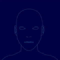 Blue image of a person's face. The head is positioned in the center of the image, and the background is a dark blue color