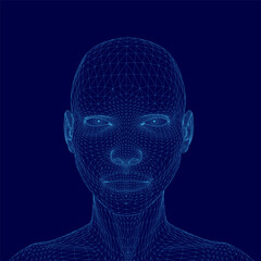 Blue head with a face made of lines. The head is in the middle of the image