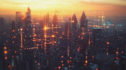 Fototapeta premium Smart Innovation city with connection cyber security network reciprocity over the sunset cityscape future wireless digital city and social media networking systems that connects people in the city