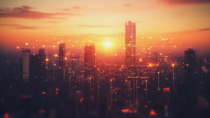 Fototapeta premium Smart Innovation city with connection cyber security network reciprocity over the sunset cityscape future wireless digital city and social media networking systems that connects people in the city