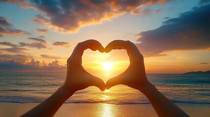 Hands forming heart shape at sunset beach.