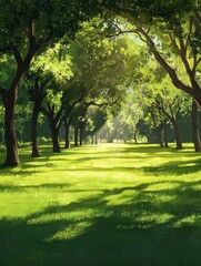 Sunlit Path: A tranquil pathway through a lush forest, bathed in the golden glow of sunlight filtering through the canopy.  The vibrant green foliage creates a sense of peace and serenity.