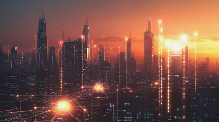 Obraz premium Smart Innovation city with connection cyber security network reciprocity over the sunset cityscape future wireless digital city and social media networking systems that connects people in the city