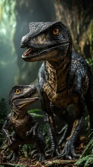 Fototapeta premium Two realistic dinosaur figures in a lush, prehistoric jungle setting.
