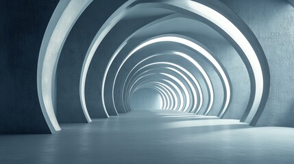 Abstract futuristic tunnel with glowing arches.