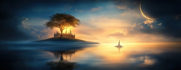 Obraz premium Tranquil island at sunset with reflection.