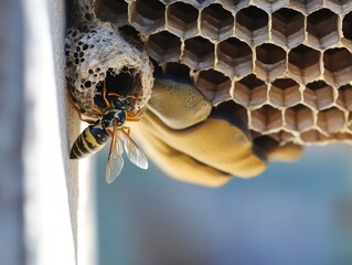 Exterminator Removing Wasp Nest Safely