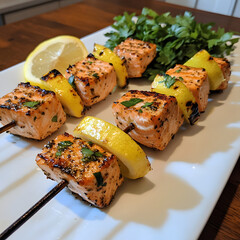 Juicy salmon kabobs with Mediterranean marinade, garnished with lemon and fresh herbs, perfect for grilling and outdoor gatherings