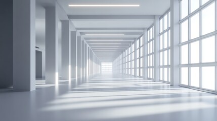 Modern minimalist white hallway with large windows and bright light.