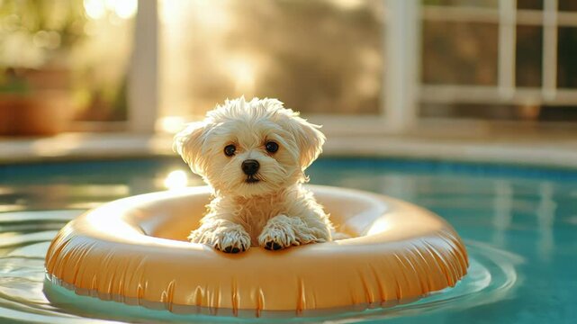 A cute puppy floating in a pool on an orange float, enjoying summer.