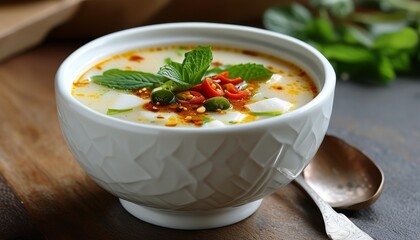 Traditional Tarhana Soup with Fresh Herbs and Chili in Elegant Bowl