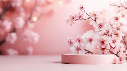 Delicate pink blossoms adorn a minimalist stage, creating a serene and elegant atmosphere.