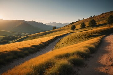 Obraz premium dirt road winding through grassy hills with trees on the side