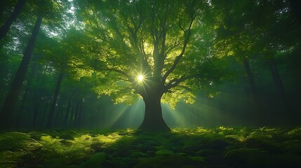 Sunlit forest with majestic tree.