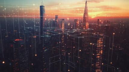 Fototapeta premium Smart Innovation city with connection cyber security network reciprocity over the sunset cityscape future wireless digital city and social media networking systems that connects people in the city