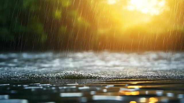 A serene river scene with rain and golden sunset light.