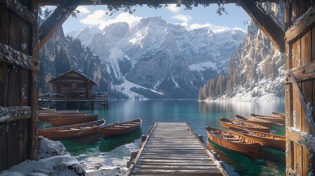 A long wooden dock at Lake Braies with snowy mountains and rowing boats on the water. A wooden cabin with stairs leads to the lake, viewed from inside a boat with a panoramic view of the mountains. - Powered by Adobe
