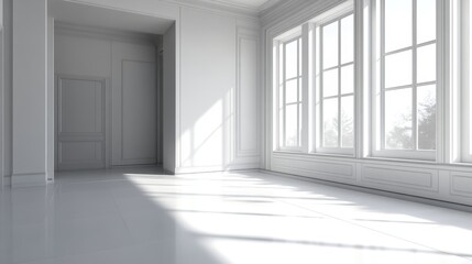 Fototapeta premium Sunlit empty white room with large windows and door.