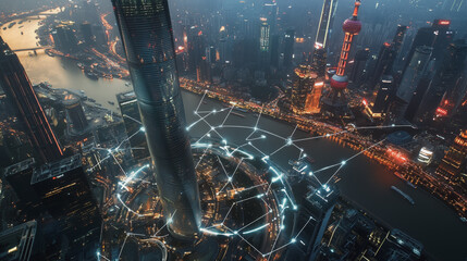 Smart Innovation city with connection cyber security network reciprocity over the sunset cityscape future wireless digital city and social media networking systems that connects people in the city