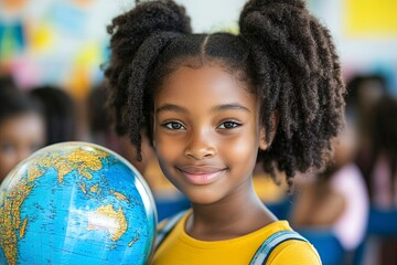 Naklejka premium Smiling Girl with Globe in Classroom Setting