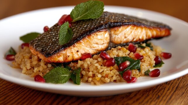 Cooking salmon with pomegranate and mint restaurant kitchen food photography warm indoor setting close-up culinary art