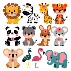 Obraz premium Set of ten sweet exotic animals with flowers, vibrant vector illustrations, medium eyes, white background.