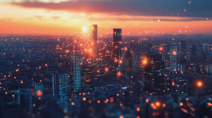 Smart Innovation city with connection cyber security network reciprocity over the sunset cityscape future wireless digital city and social media networking systems that connects people in the city