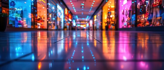 Colorful shopping mall with vibrant reflections.