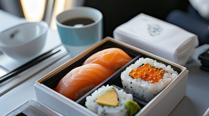 Sushi bento box delight airplane cabin food photography onboard dining aerial view culinary experience