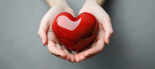 A heartwarming image of hands gently cradling a vibrant red heart, ideal for love-themed events, Valentine's Day promotions, or wellness campaigns focusing on compassion.