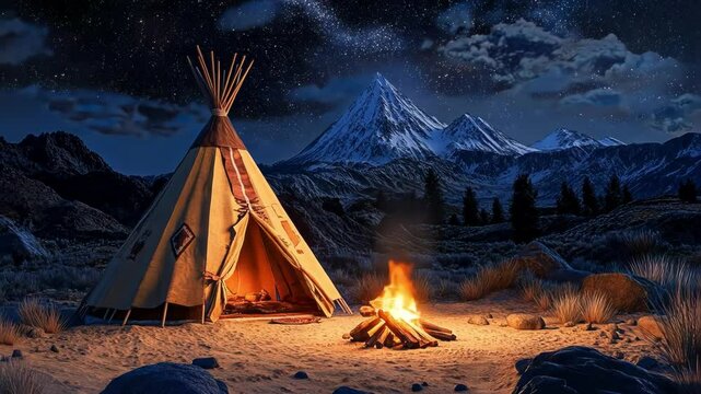 A cozy teepee by a campfire under a starry mountain night sky.