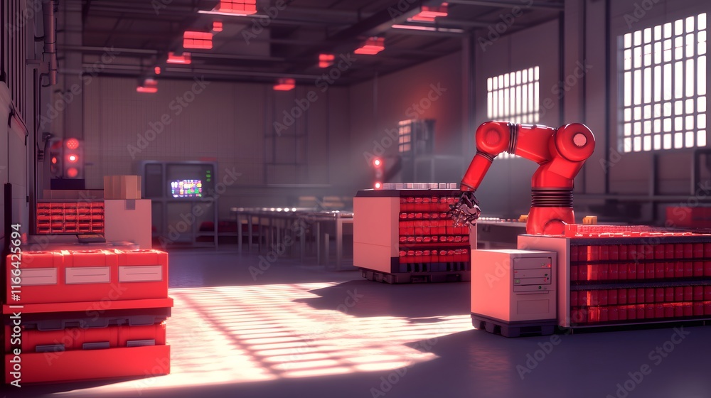 Poster a red robotic arm operates in a modern warehouse, meticulously sorting and stacking red cans on auto