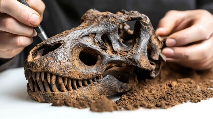 A paleontologist carefully cleans a dinosaur skull fossil.