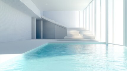 Modern minimalist indoor pool with stairs and large windows.