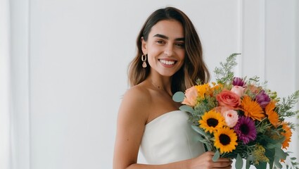 fashionable young lady with a cheerful demeanor stands is holding a colorful bouquet of flowers. The background is a plain white colour.