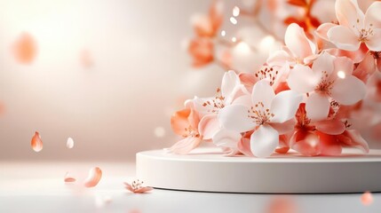 Delicate peach blossoms on a minimalist platform, petals falling gently. Serene spring scene.