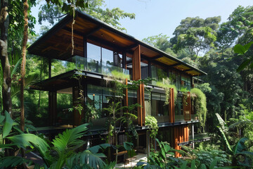  Sleek, modern home surrounded by lush forest with sustainable energy features