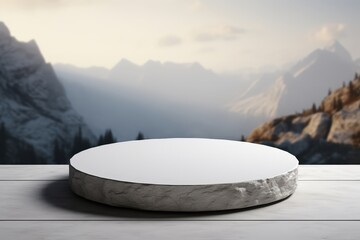 White Stone Plate on Wooden Table with Mountain Background in Soft Focus for Displaying Cosmetic Products and Elegant Presentations