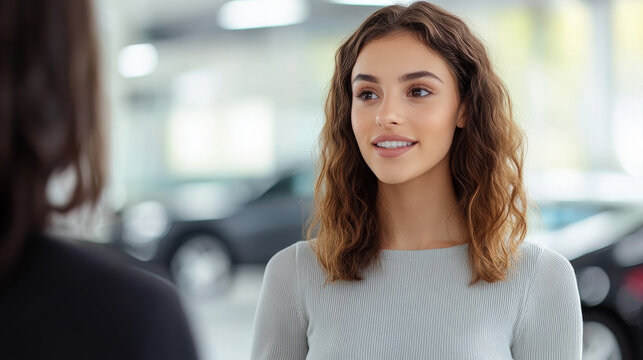 Young woman confidently presenting a car to a potential buyer in a bustling car showroom , female worker in car industry and feminization of dealerships concept image