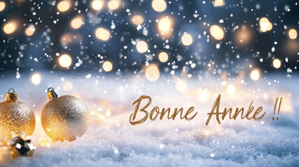 Happy new year background written in French language Bonne Année in yellow gold letters and festive backdrop with snow and bokeh light