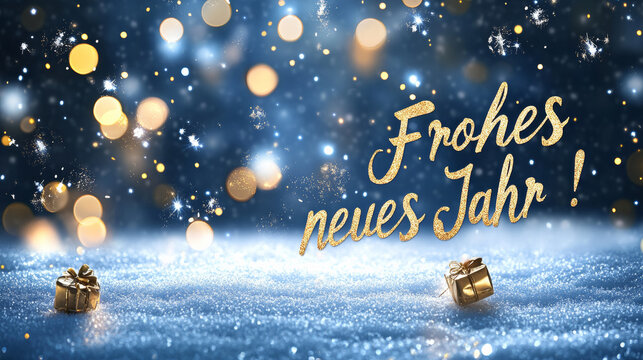 Happy new year background written in German language Frohes neues jahr in yellow gold letters and festive backdrop with snow and bokeh light